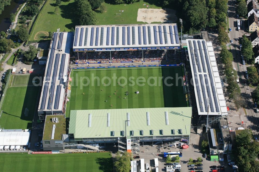 Aerial image Freiburg im Breisgau - Solar cells a photovoltaic system on the roof of the stadium - Black Forest stadium of FC Freiburg in Freiburg in Baden-Wuerttemberg