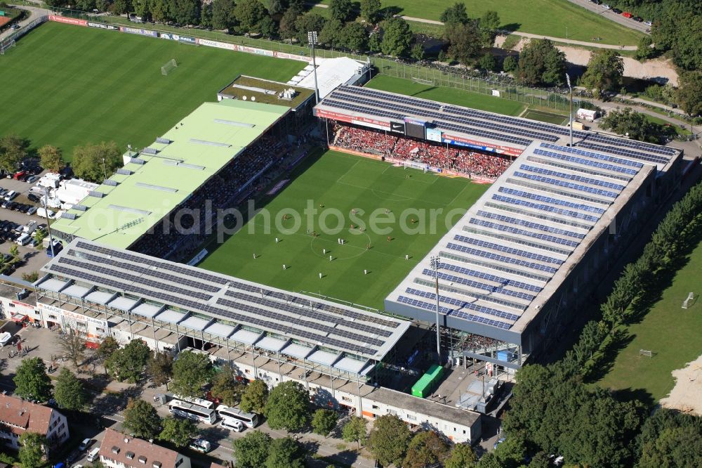 Aerial photograph Freiburg im Breisgau - Solar cells a photovoltaic system on the roof of the stadium - Black Forest stadium of FC Freiburg in Freiburg in Baden-Wuerttemberg