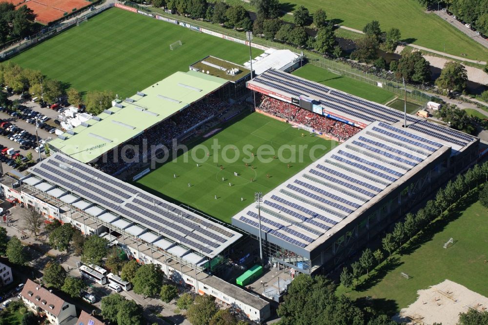 Freiburg im Breisgau from above - Solar cells a photovoltaic system on the roof of the stadium - Black Forest stadium of FC Freiburg in Freiburg in Baden-Wuerttemberg