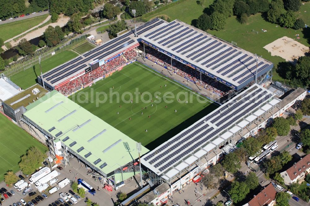 Freiburg im Breisgau from the bird's eye view: Solar cells a photovoltaic system on the roof of the stadium - Black Forest stadium of FC Freiburg in Freiburg in Baden-Wuerttemberg