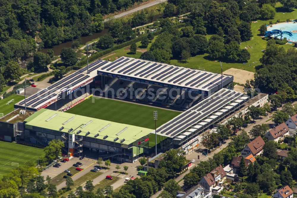 Aerial photograph Freiburg im Breisgau - Solar cells a photovoltaic system on the roof of the stadium - Black Forest stadium of FC Freiburg in Freiburg in Baden-Wuerttemberg