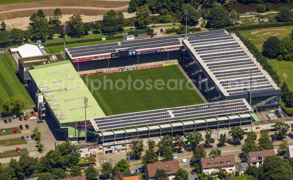 Freiburg im Breisgau from above - Solar cells a photovoltaic system on the roof of the stadium - Black Forest stadium of FC Freiburg in Freiburg in Baden-Wuerttemberg