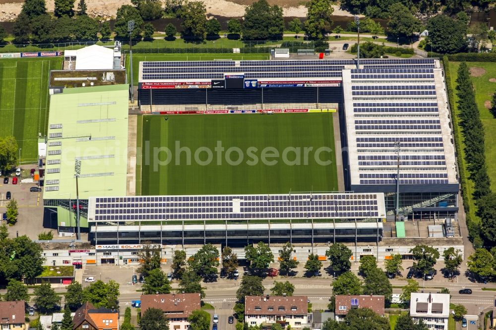 Freiburg im Breisgau from the bird's eye view: Solar cells a photovoltaic system on the roof of the stadium - Black Forest stadium of FC Freiburg in Freiburg in Baden-Wuerttemberg