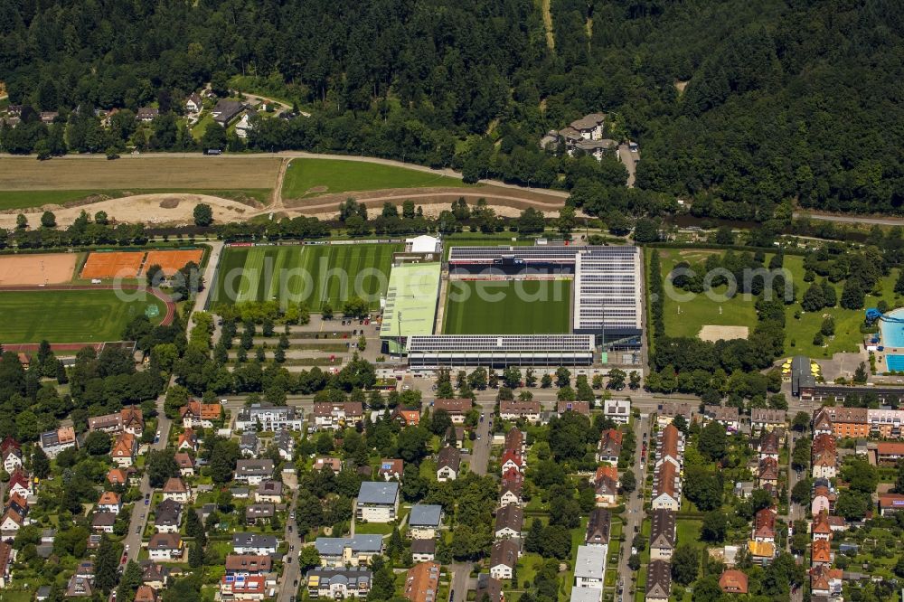 Aerial image Freiburg im Breisgau - Solar cells a photovoltaic system on the roof of the stadium - Black Forest stadium of FC Freiburg in Freiburg in Baden-Wuerttemberg