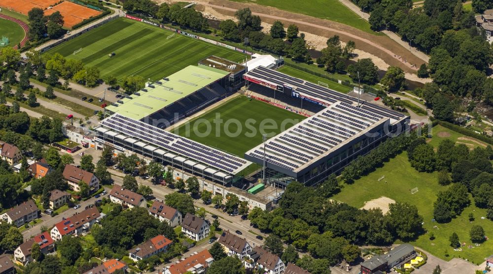 Aerial photograph Freiburg im Breisgau - Solar cells a photovoltaic system on the roof of the stadium - Black Forest stadium of FC Freiburg in Freiburg in Baden-Wuerttemberg