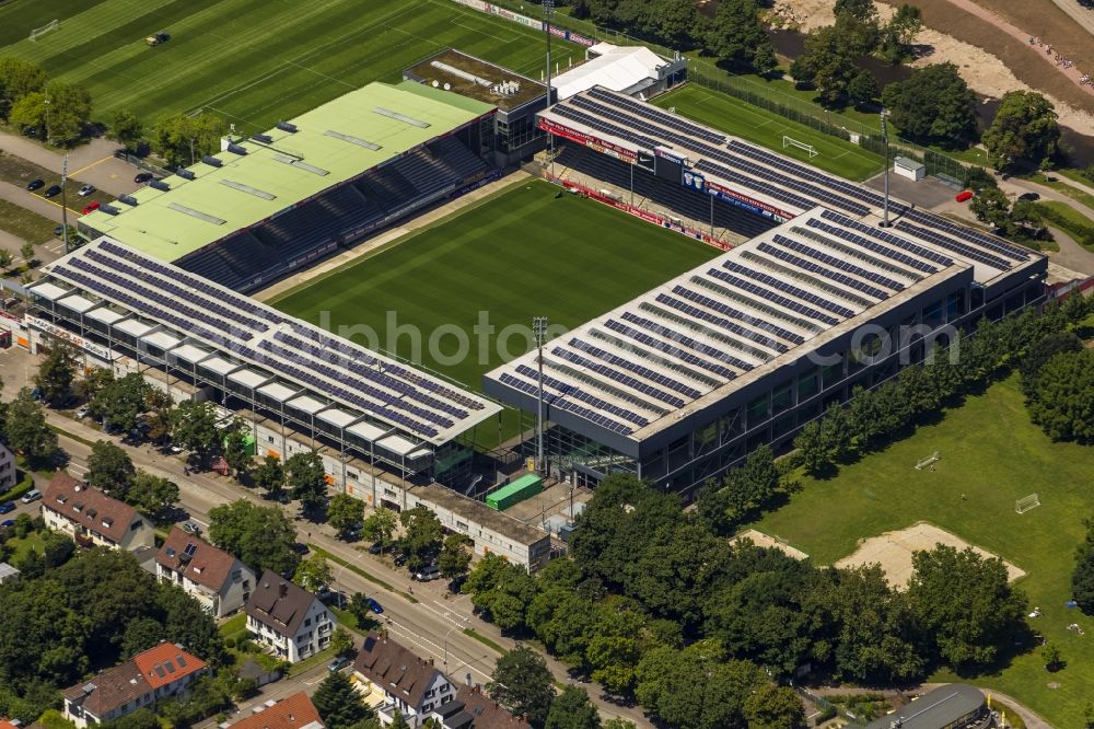 Freiburg im Breisgau from above - Solar cells a photovoltaic system on the roof of the stadium - Black Forest stadium of FC Freiburg in Freiburg in Baden-Wuerttemberg