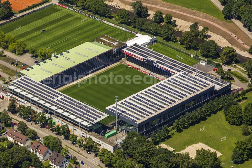 Aerial image Freiburg im Breisgau - Solar cells a photovoltaic system on the roof of the stadium - Black Forest stadium of FC Freiburg in Freiburg in Baden-Wuerttemberg