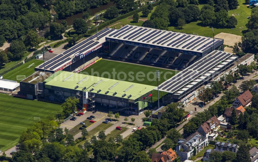 Aerial image Freiburg im Breisgau - Solar cells a photovoltaic system on the roof of the stadium - Black Forest stadium of FC Freiburg in Freiburg in Baden-Wuerttemberg