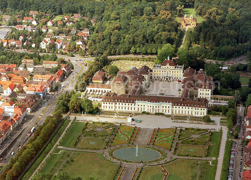 LUDWIGSBURG from the bird's eye view: Blick auf das Schwäbisches Versailles in Ludwigsburg. Das Residenzschloss gilt als größte erhaltene Barockanlage Deutschlands. View of the Swabian Versailles, in Ludwigsburg. The Royal Palace is the largest surviving Baroque complex in Germany.