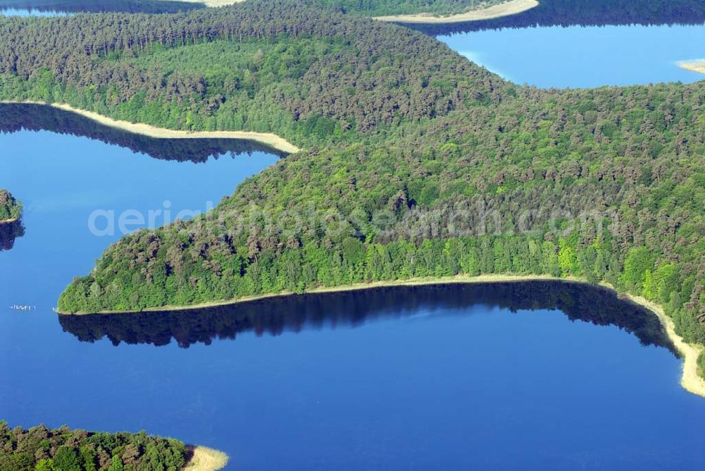 Aerial photograph Carpin - Blick auf den Schweingartensee in Carpin. Der Schweingartensee ist ein See in der Gemeinde Carpin im Landkreis Mecklenburg-Strelitz. Das Gewässer ist sehr stark gegliedert. Es gibt einen breiteren, durch drei Halbinseln geteilten, Südteil und einen schmaleren Nordteil mit einer größeren Insel im Norden. Der See hat eine Nord-Süd-Ausdehnung von etwa 2200 Metern und eine maximale West-Ost-Ausdehnung von etwa 600 Metern. Das Seeufer und dessen weitere Umgebung sind bewaldet. Der See liegt im östlichen Teil des Nationalparkes Müritz. Der Name des Sees lässt sich von der hier früher üblicher Schweinemast (Hutung) in den Wäldern um den See herleiten.