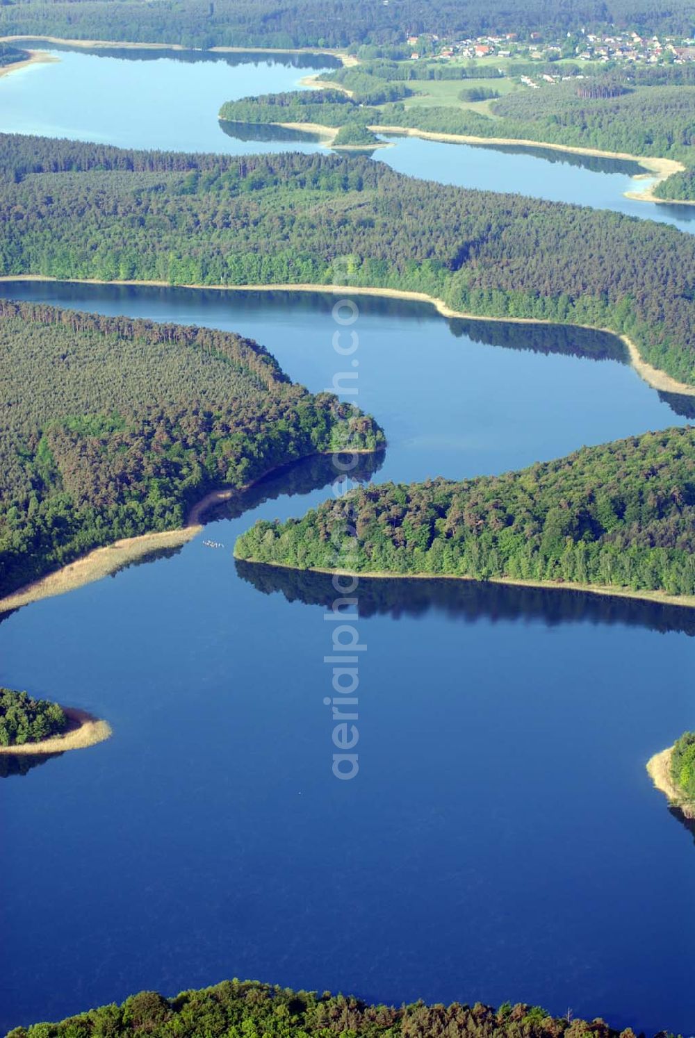 Aerial image Carpin - Blick auf den Schweingartensee in Carpin. Der Schweingartensee ist ein See in der Gemeinde Carpin im Landkreis Mecklenburg-Strelitz. Das Gewässer ist sehr stark gegliedert. Es gibt einen breiteren, durch drei Halbinseln geteilten, Südteil und einen schmaleren Nordteil mit einer größeren Insel im Norden. Der See hat eine Nord-Süd-Ausdehnung von etwa 2200 Metern und eine maximale West-Ost-Ausdehnung von etwa 600 Metern. Das Seeufer und dessen weitere Umgebung sind bewaldet. Der See liegt im östlichen Teil des Nationalparkes Müritz. Der Name des Sees lässt sich von der hier früher üblicher Schweinemast (Hutung) in den Wäldern um den See herleiten.