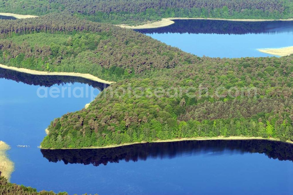 Aerial photograph Carpin - Blick auf den Schweingartensee in Carpin. Der Schweingartensee ist ein See in der Gemeinde Carpin im Landkreis Mecklenburg-Strelitz. Das Gewässer ist sehr stark gegliedert. Es gibt einen breiteren, durch drei Halbinseln geteilten, Südteil und einen schmaleren Nordteil mit einer größeren Insel im Norden. Der See hat eine Nord-Süd-Ausdehnung von etwa 2200 Metern und eine maximale West-Ost-Ausdehnung von etwa 600 Metern. Das Seeufer und dessen weitere Umgebung sind bewaldet. Der See liegt im östlichen Teil des Nationalparkes Müritz. Der Name des Sees lässt sich von der hier früher üblicher Schweinemast (Hutung) in den Wäldern um den See herleiten.