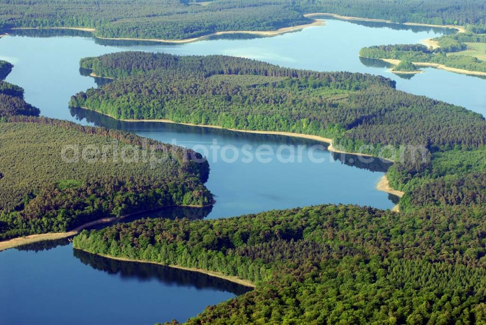 Carpin from the bird's eye view: Blick auf den Schweingartensee in Carpin. Der Schweingartensee ist ein See in der Gemeinde Carpin im Landkreis Mecklenburg-Strelitz. Das Gewässer ist sehr stark gegliedert. Es gibt einen breiteren, durch drei Halbinseln geteilten, Südteil und einen schmaleren Nordteil mit einer größeren Insel im Norden. Der See hat eine Nord-Süd-Ausdehnung von etwa 2200 Metern und eine maximale West-Ost-Ausdehnung von etwa 600 Metern. Das Seeufer und dessen weitere Umgebung sind bewaldet. Der See liegt im östlichen Teil des Nationalparkes Müritz. Der Name des Sees lässt sich von der hier früher üblicher Schweinemast (Hutung) in den Wäldern um den See herleiten.