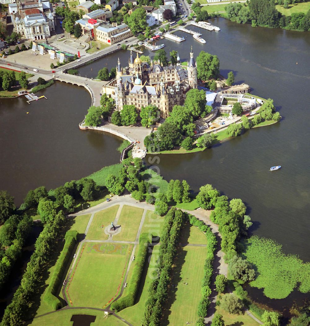 Aerial image Schwerin - The Schwerin Castle is on Castle Island in the city center of Schwerin. It is the seat of the state parliament of Mecklenburg-Vorpommern