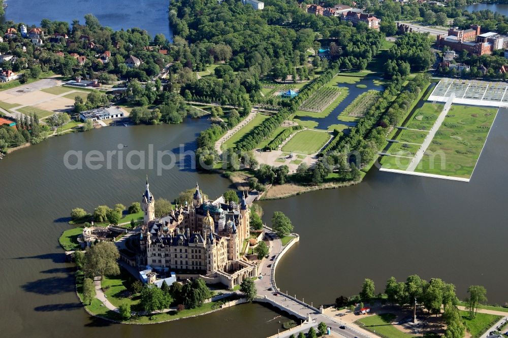 Schwerin from above - The Schwerin Castle is on Castle Island in the city center of Schwerin. It is the seat of the state parliament of Mecklenburg-Vorpommern