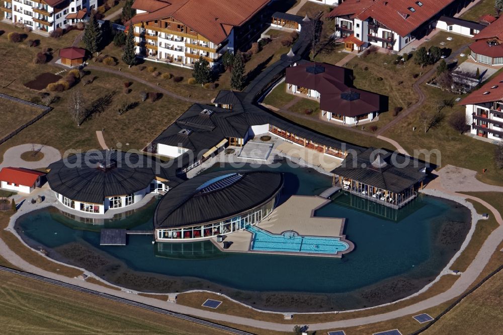 Schwangau from above - Complex of the hotel building Koenig-Ludwig in Schwangau in the state Bavaria