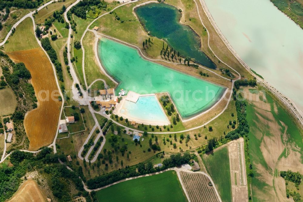 Aerial image Serres - Swimming pool of the Base de Loisirs de la Germanette in Serres in Provence-Alpes-Cote d'Azur, France