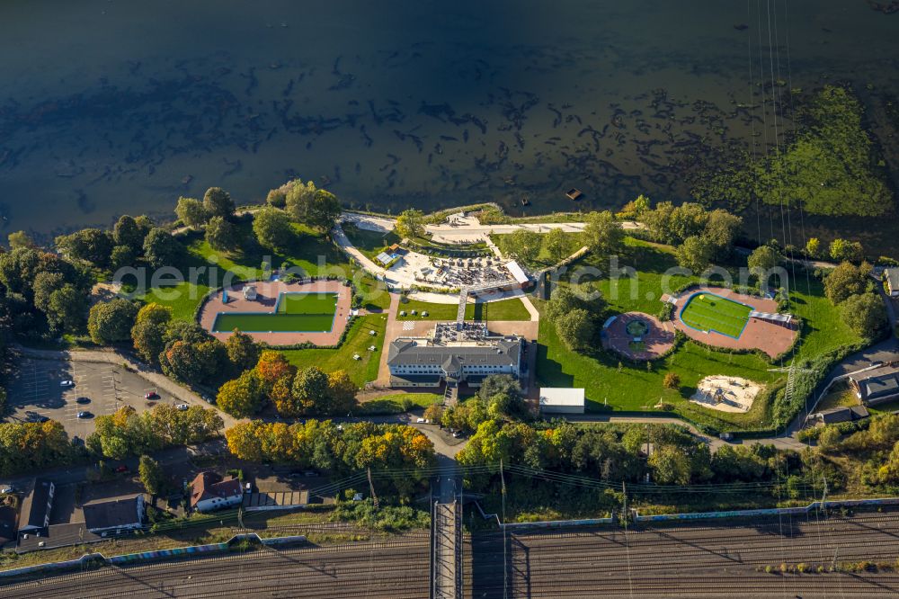 Hagen from above - Swimming pool of the - Familienbad on Seestrasse in the district Hengstey in Hagen in the state North Rhine-Westphalia, Germany