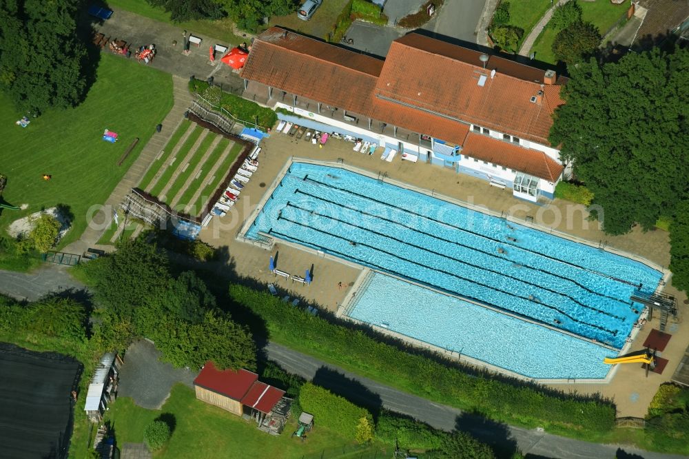 Hardegsen from above - Swimming pool of the Freibad Hardegsen at the Giesseturm in Hardegsen in the state Lower Saxony, Germany