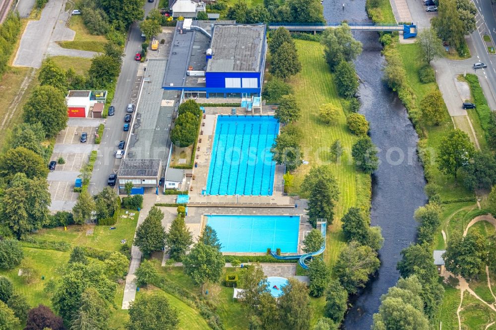 Aerial image Meschede - Swimming pool of the Hallen- and Freibad Meschede in Meschede in the state North Rhine-Westphalia, Germany