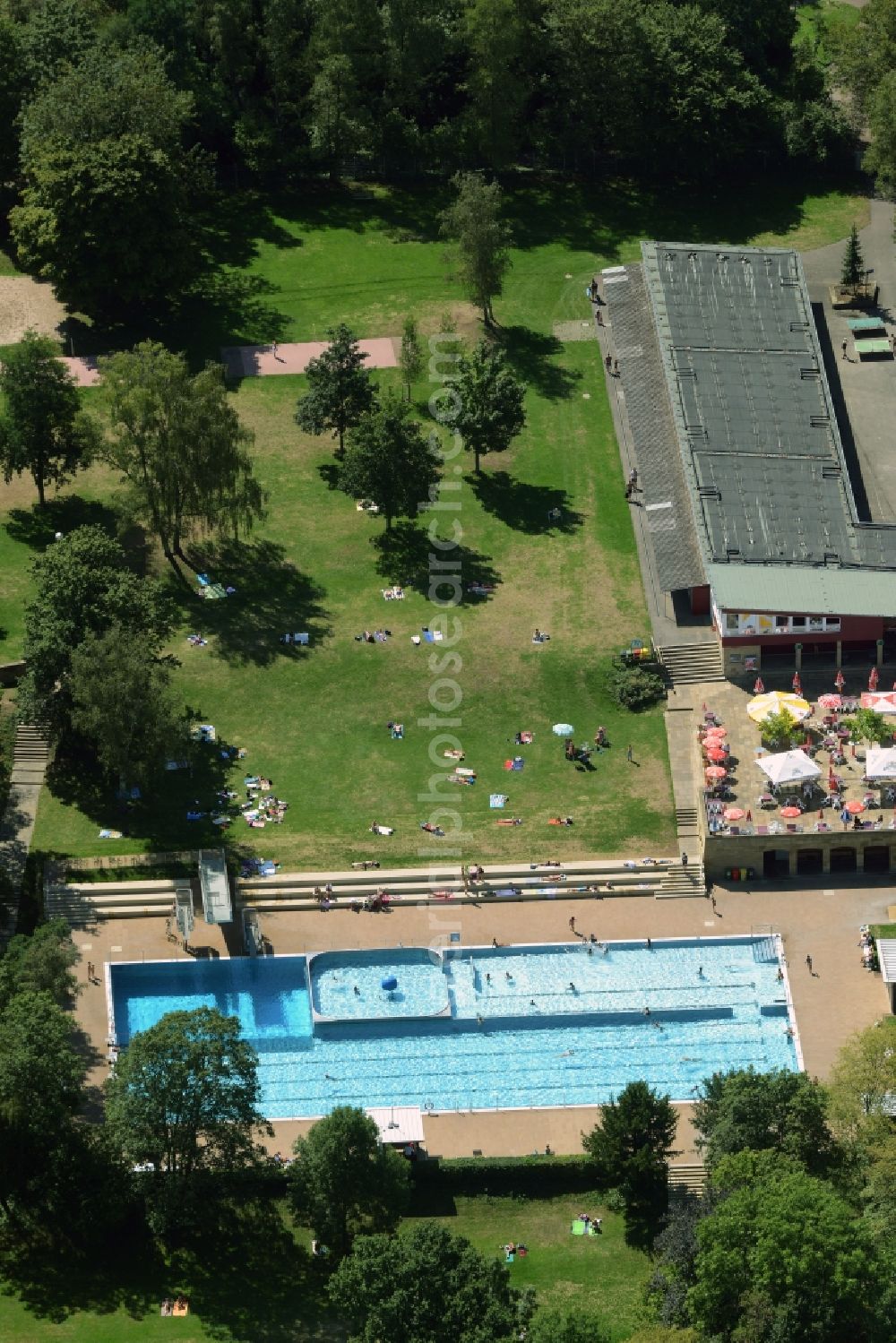 Stuttgart from above - Swimming pool of the Hoehenfreibad Killesberg in Stuttgart in the state Baden-Wuerttemberg