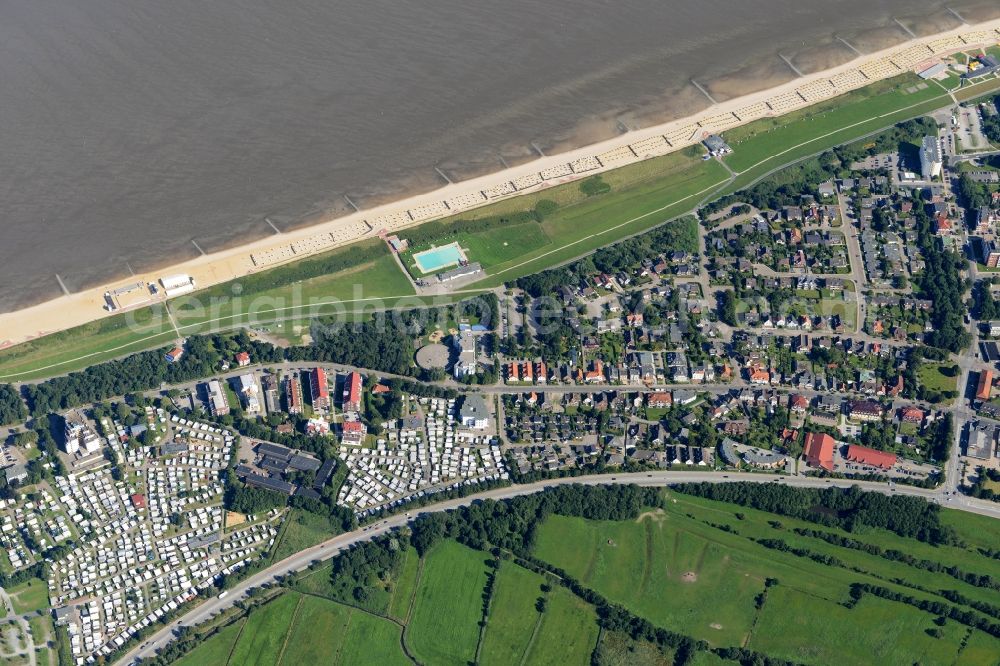 Aerial photograph Cuxhaven - Swimming pool of the Freibad Steinmarne on the coast of the North Sea in the Duhnen part of Cuxhaven in the state of Lower Saxony