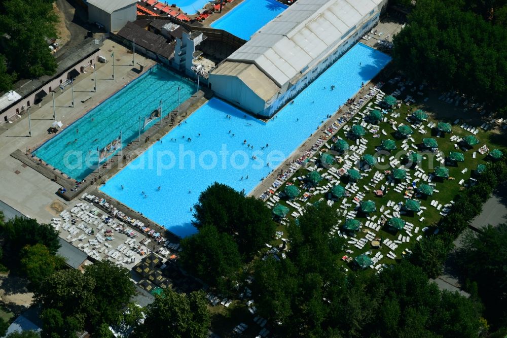 Bukarest from the bird's eye view: Swimming pool and sunbathing at the pool - swimming pool Strandul Tineretului in Bucharest, Romania