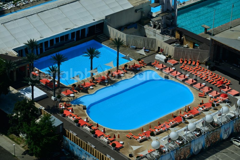 Aerial image Bukarest - Swimming pool and sunbathing at the pool - swimming pool Strandul Tineretului in Bucharest, Romania