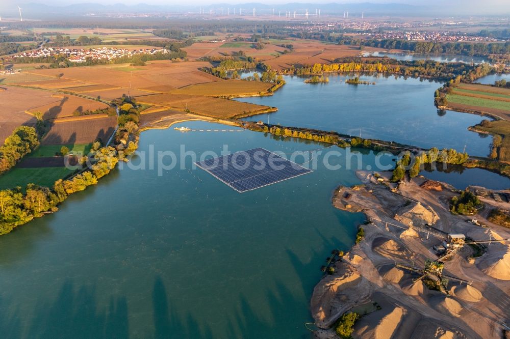 Aerial photograph Leimersheim - Floating solar power plant and panels of photovoltaic systems on the surface of the water on a quarry pond for gravel extraction in Leimersheim in the state Rhineland-Palatinate, Germany