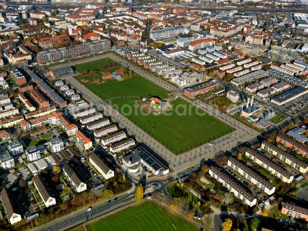 Fürth from above - Suedstadtpark on site of the former William O. Darby barracks in Fuerth in the state of Bavaria. The park was opened in 2004 as the central part of the new Suedstadt (South City) part of Fuerth. The area used to be barracks of the US-Army who left the site in 1995. Recognising the military history of the site and reminiscent of it, the park was designed in a strictly geometrical fashion. The buildings on the park are partly listed