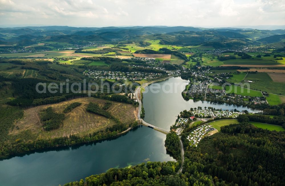 Sundern (Sauerland) from above - Campsites on the south bank of the Sorpesee in Sundern (Sauerland) in the state of North Rhine-Westphalia