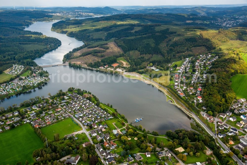 Sundern (Sauerland) from the bird's eye view: Campsites on the south bank of the Sorpesee in Sundern (Sauerland) in the state of North Rhine-Westphalia