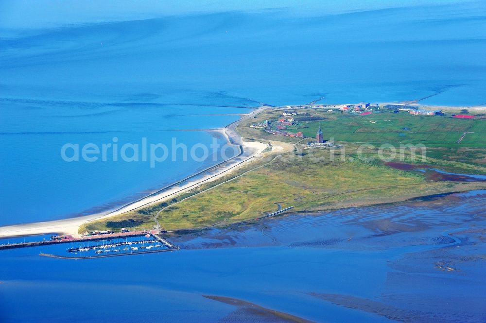 Wangerooge from the bird's eye view: Southwestern coast of Wangerooge Island in the Wadden Sea of the North Sea in the state of Lower Saxony. Wangerooge is the Eastern-most inhabited of the East Frisian Islands. It has a sand beach and is a spa resort