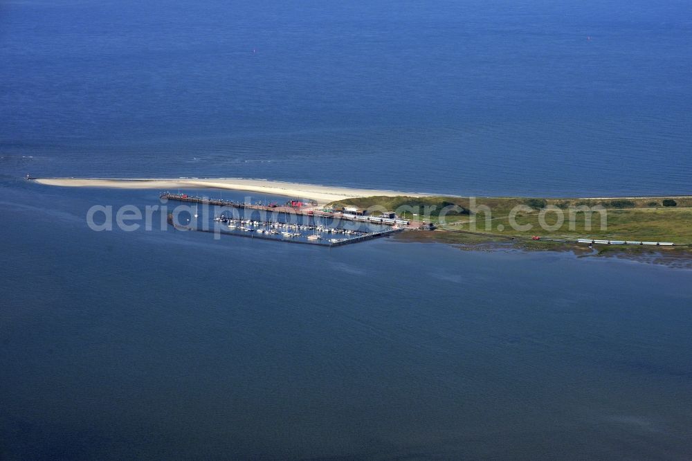 Wangerooge from above - Southwestern coast of Wangerooge Island in the Wadden Sea of the North Sea in the state of Lower Saxony. Wangerooge is the Eastern-most inhabited of the East Frisian Islands. It has a sand beach and is a spa resort