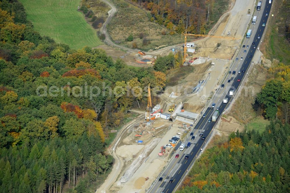 Wohldenberg from the bird's eye view: The construction site for six-lane expansion of Highway 7 from the triangle to the triangle Drammetal Salzgitter in Lower Saxony