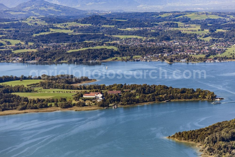 Chiemsee from above - Lake Island on the in Chiemsee in the state Bavaria, Germany