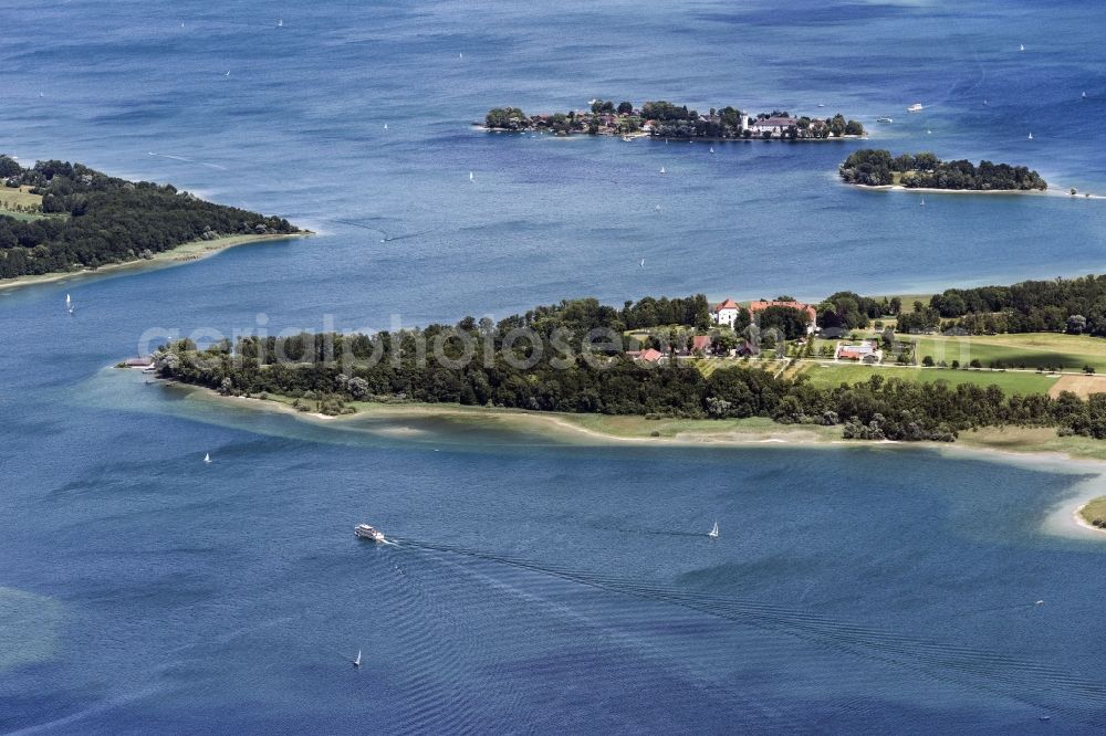 Chiemsee from the bird's eye view: Lake Island on the Chiemsee (Fraueninsel, Herreninsel and Krautinsel) in Chiemsee in the state Bavaria, Germany