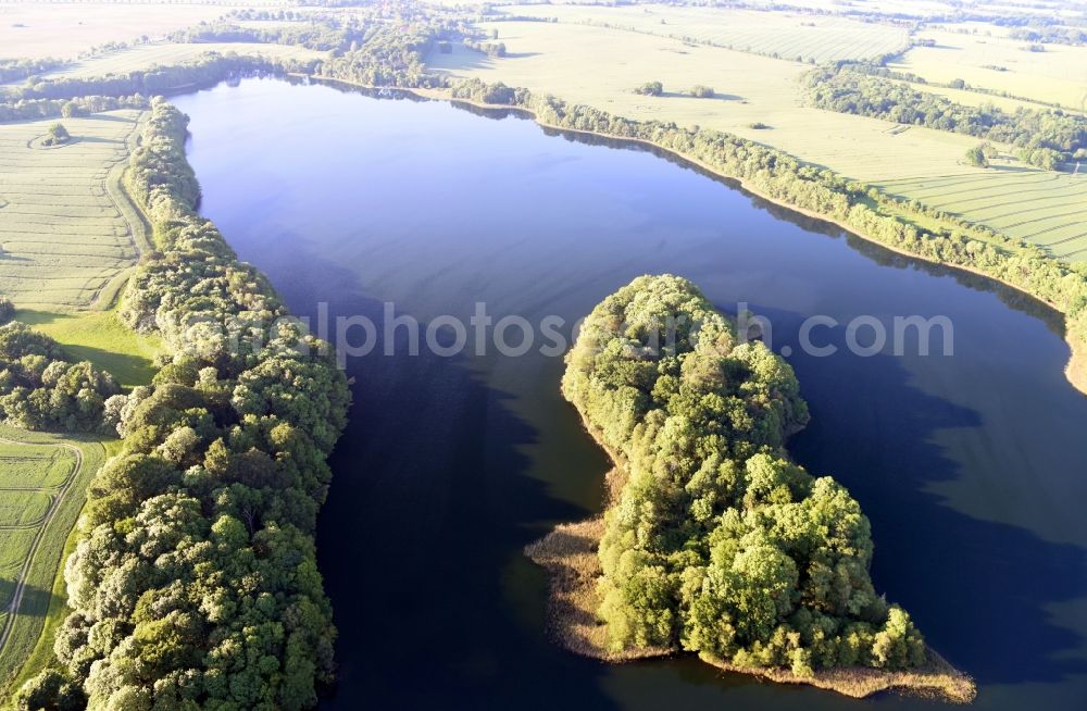 Klocksin from above - Lake Island on the Flacher See in Klocksin in the state Mecklenburg - Western Pomerania, Germany