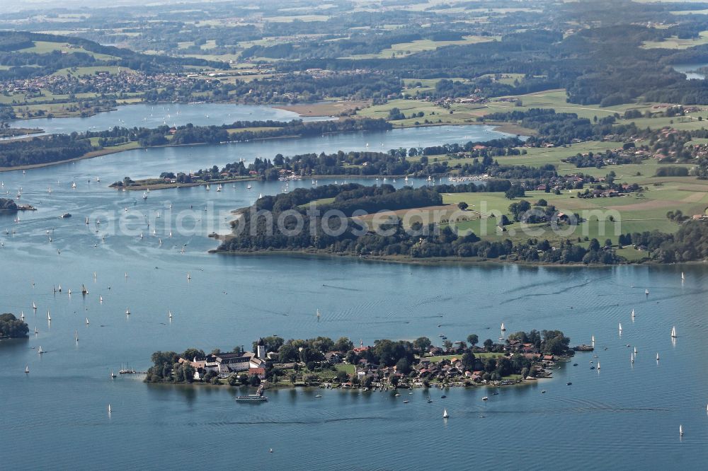 Aerial photograph Chiemsee - Lake Island der Frauerninsel with dem Kloster of Abtei Frauenwoerth on street Frauenchiemsee in Chiemsee in the state Bavaria, Germany