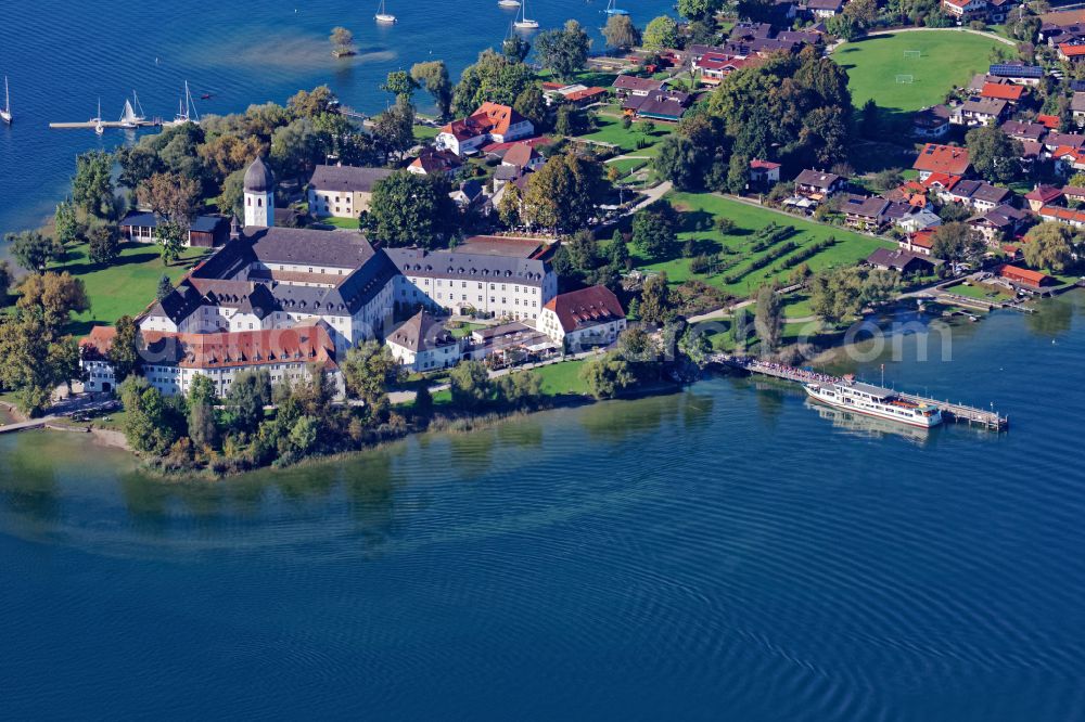 Aerial image Chiemsee - Lake Island der Frauerninsel with dem Kloster of Abtei Frauenwoerth on street Frauenchiemsee in Chiemsee in the state Bavaria, Germany