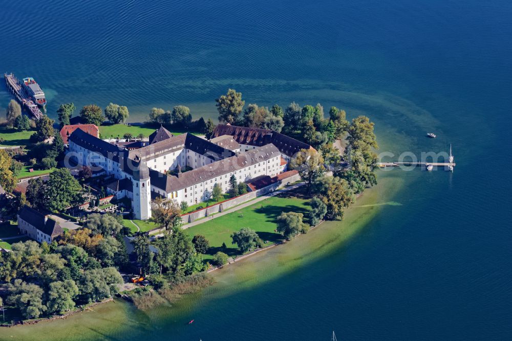 Chiemsee from above - Lake Island der Frauerninsel with dem Kloster of Abtei Frauenwoerth on street Frauenchiemsee in Chiemsee in the state Bavaria, Germany