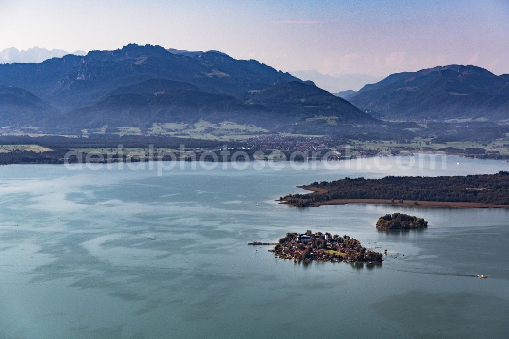 Aerial photograph Chiemsee - Lake Island der Frauerninsel with dem Kloster of Abtei Frauenwoerth on street Frauenchiemsee in Chiemsee in the state Bavaria, Germany