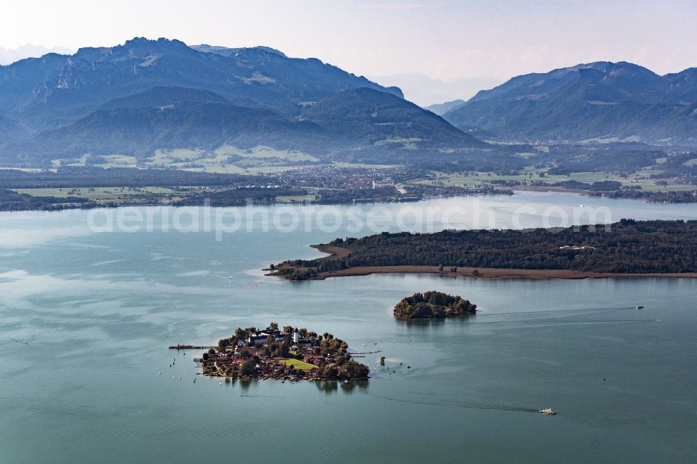 Chiemsee from above - Lake Island der Frauerninsel with dem Kloster of Abtei Frauenwoerth on street Frauenchiemsee in Chiemsee in the state Bavaria, Germany