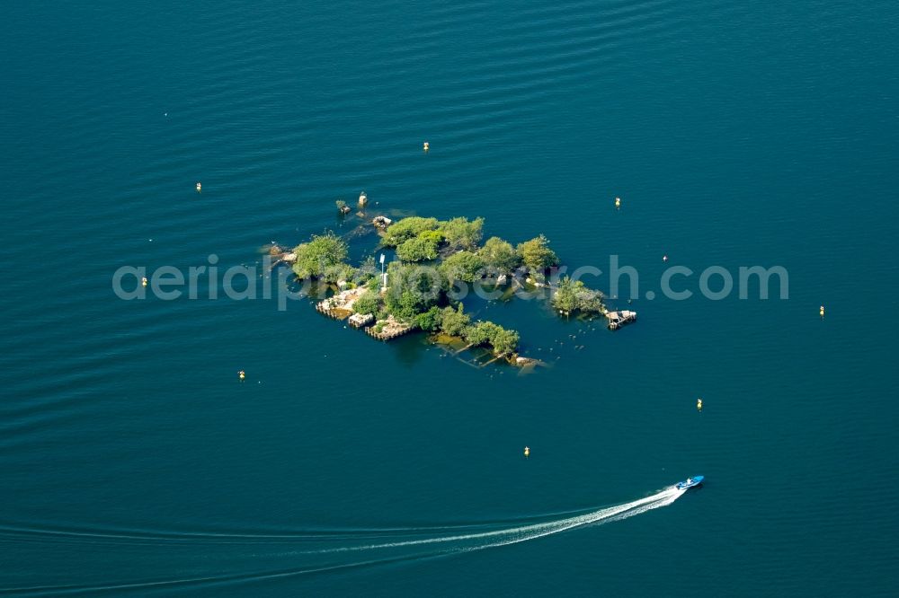 Aerial image Neubrandenburg - Lake island Truemmerinsel with trees and a motoboat on the Tollensesee in Neubrandenburg in the state Mecklenburg - Western Pomerania