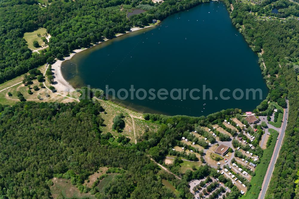 Bremen from above - Lake view of the Stadtwaldsee with bathing beach and sunbathing area and parking lot for mobile homes in Bremen, Germany