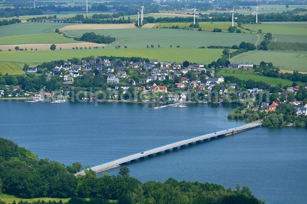 Aerial image Möhnesee - Lake - bridge construction the federal road B229 in Moehnesee at Sauerland in the state North Rhine-Westphalia, Germany