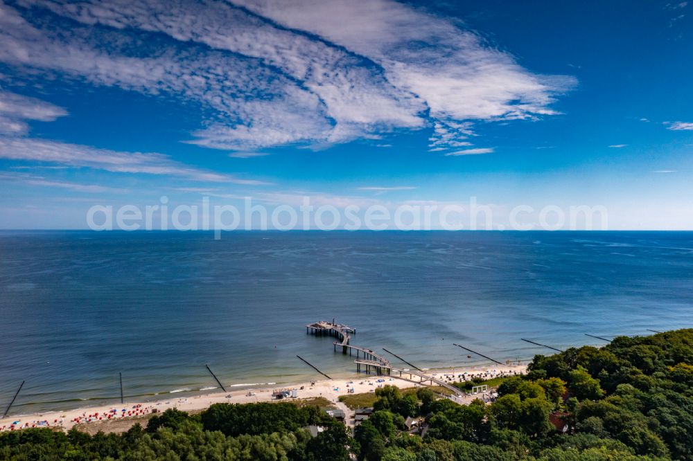 Aerial image Koserow - Pier on the street Seebruecke Koserow in Koserow on the island of Usedom in the state Mecklenburg - Western Pomerania, Germany