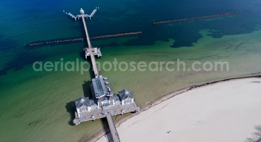 Sellin from above - Construction of the pier above the water surface in Sellin on the Baltic Sea coast in the state of Mecklenburg-West Pomerania, Germany