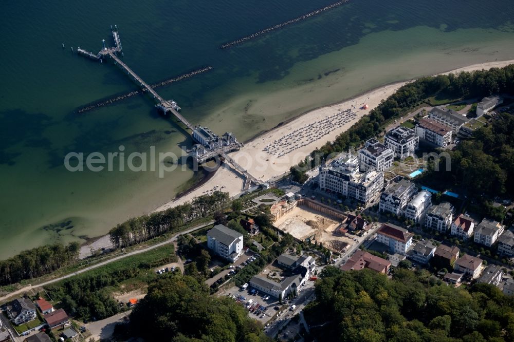 Aerial photograph Sellin - Construction of the pier above the water surface in Sellin on the Baltic Sea coast in the state of Mecklenburg-West Pomerania, Germany