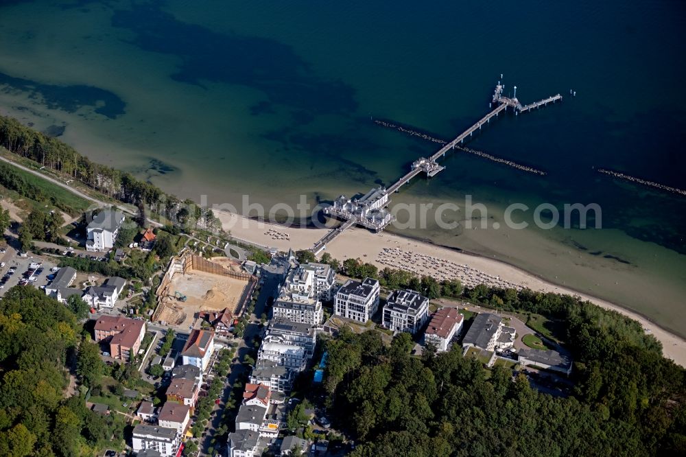 Sellin from above - Construction of the pier above the water surface in Sellin on the Baltic Sea coast in the state of Mecklenburg-West Pomerania, Germany